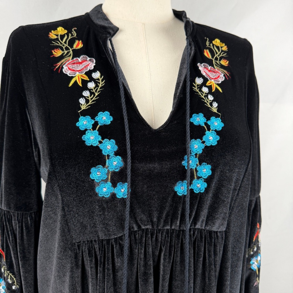 Black Velvet Embroidered Dress Fairy Grunge Whimsigoth Boho Balloon Sleeve XL - Picture 3 of 9